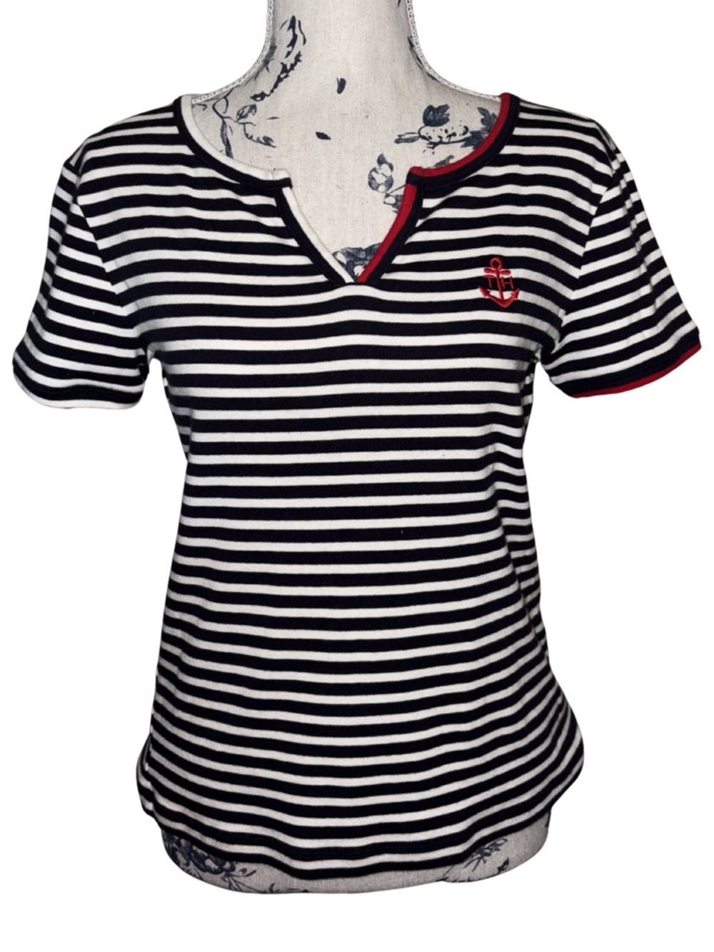 Tommy Hilfiger Navy & White Striped Anchor Detail Short Sleeved T-Shirt Medium
